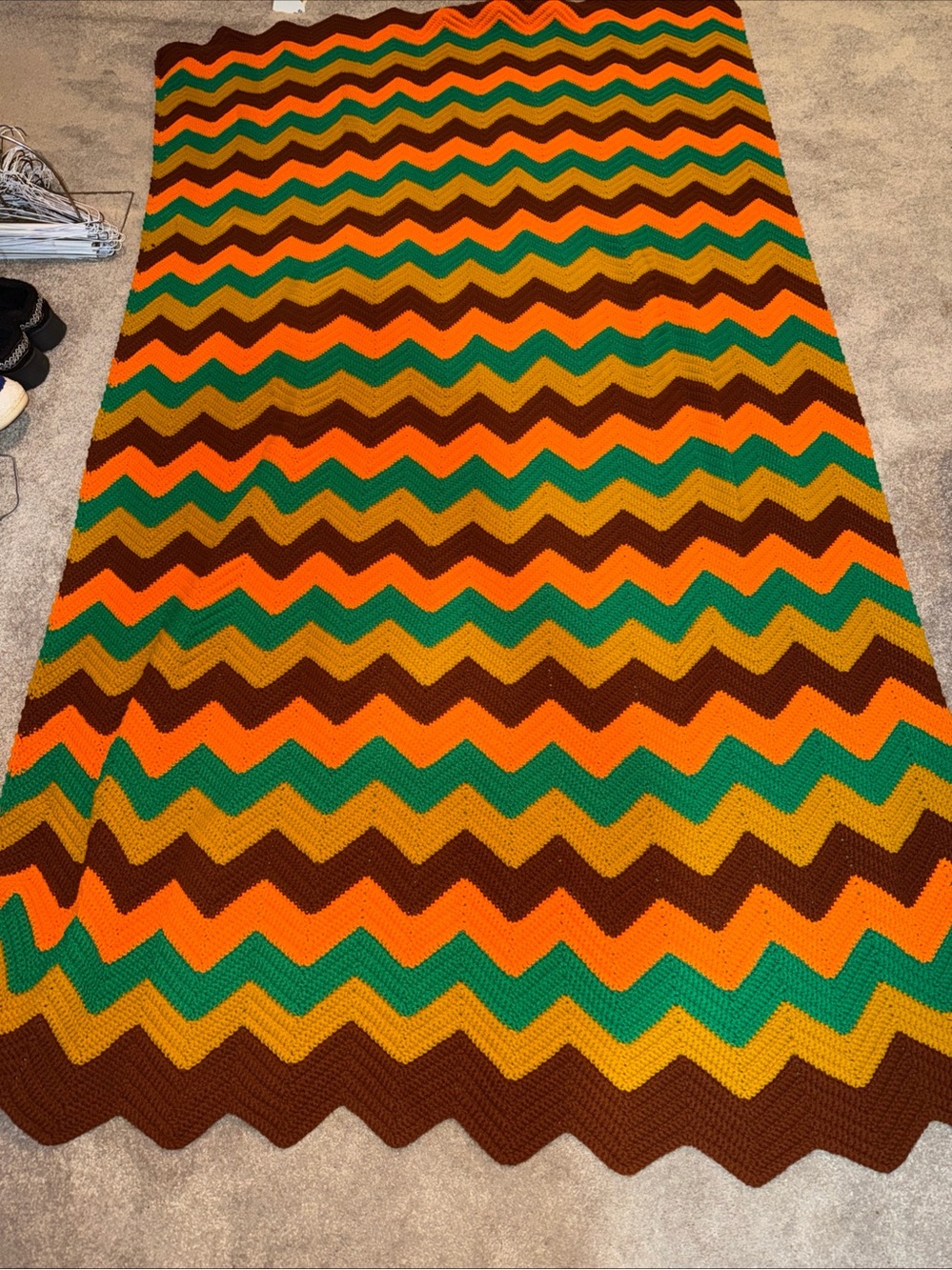Chevron Zigzag Crochet Blanket in Orange, Green, Mustard, Brown
